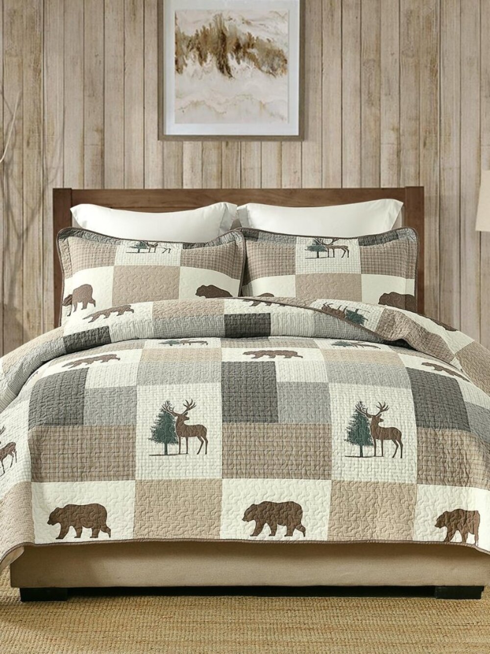 King Quilt Set - 100% Cotton Quilt King Size, Farmhouse Animals Patchwork Plaid